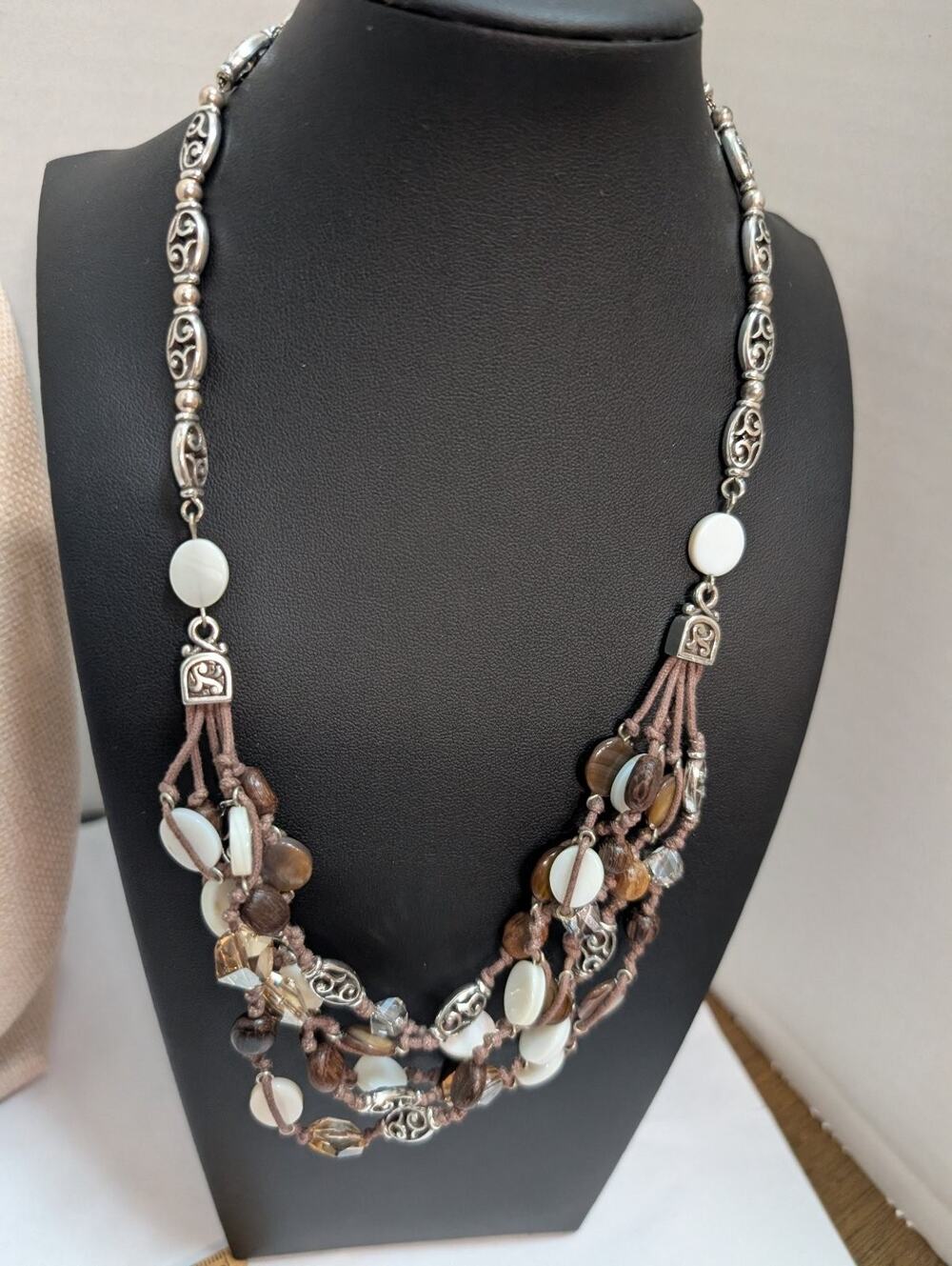 Brighton Riviera Multi-Strand Statement Necklace Brown White Beaded